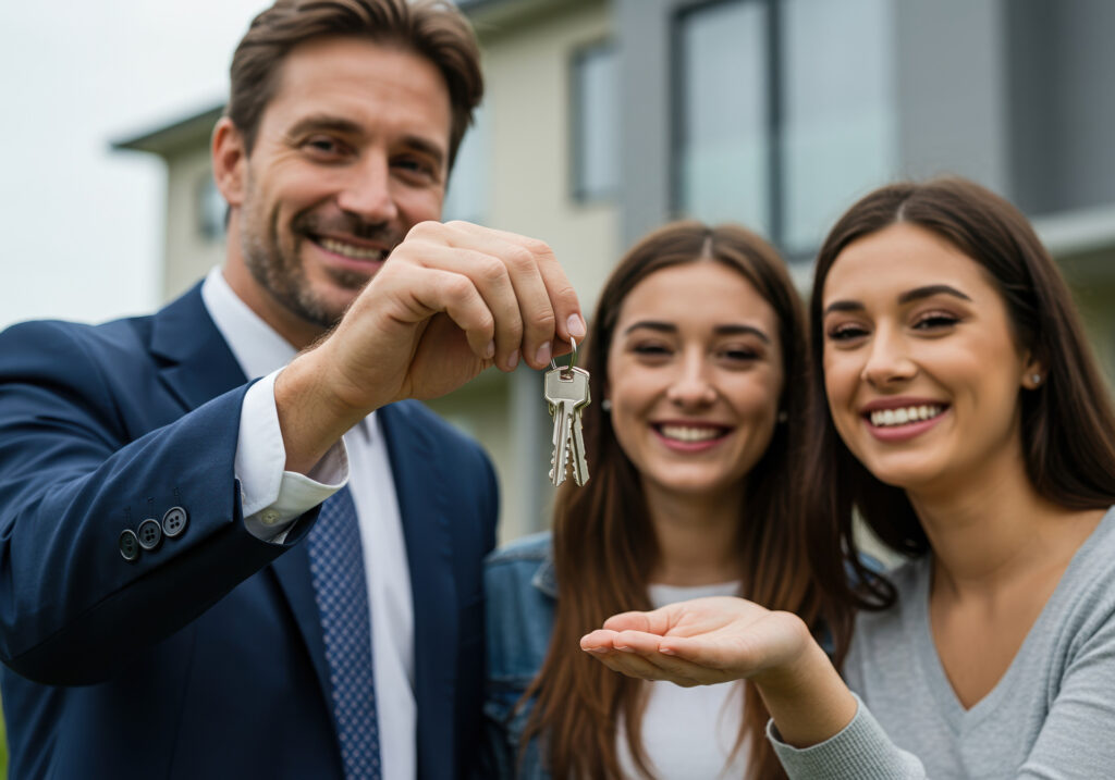 Happy new homeowners holding keys celebrating lower mortgage rates and flood insurance protection.