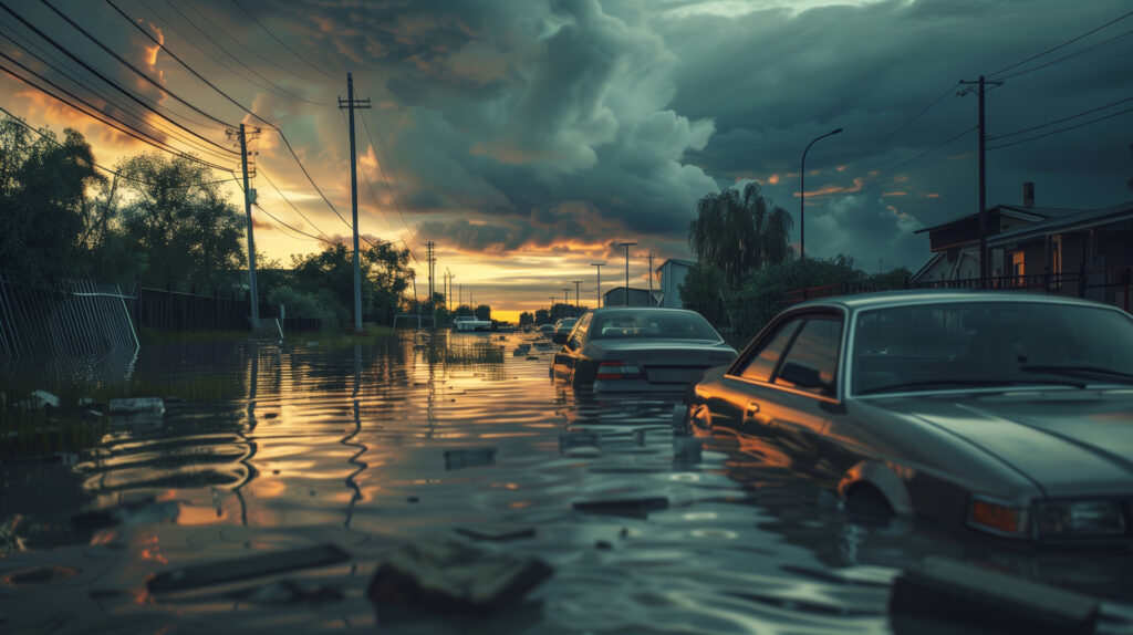 Abandoned cars submerged on a flooded residential street at sunset after a severe storm.
