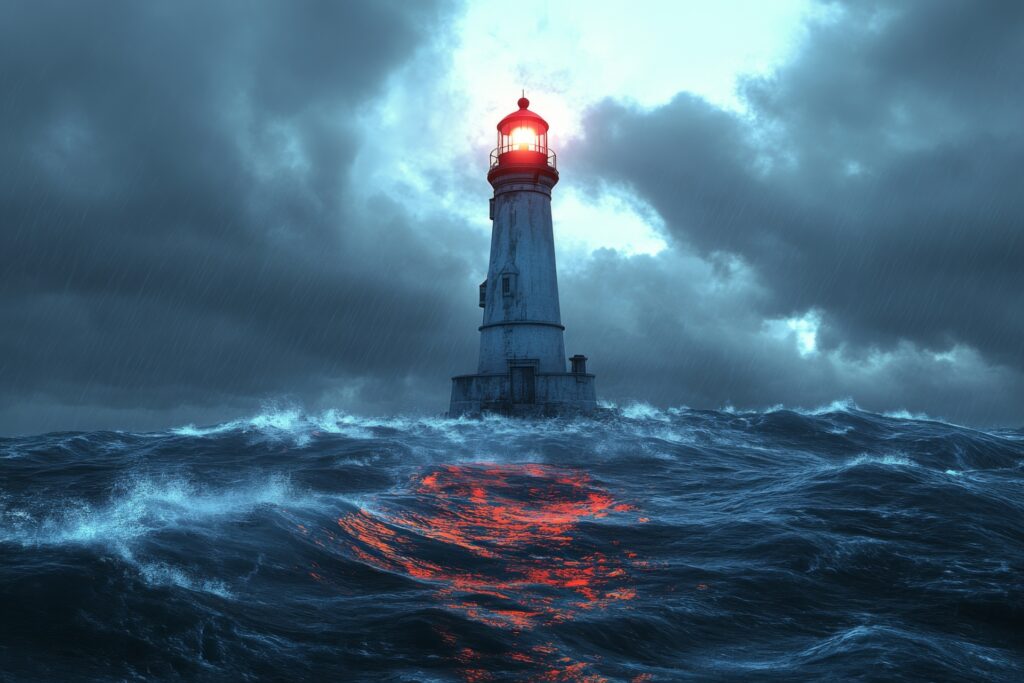 Lighthouse with waves crashing symbolizing strength and guidance through storms.