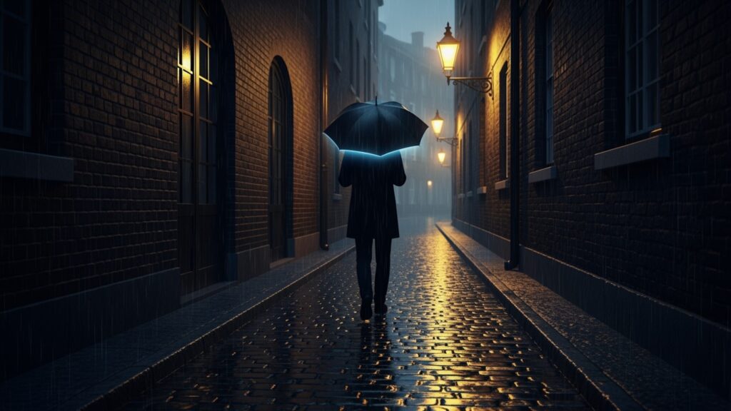 Calm person standing with an umbrella in the rain, symbolizing how flood insurance quietly provides protection and stability when everything else becomes uncertain.