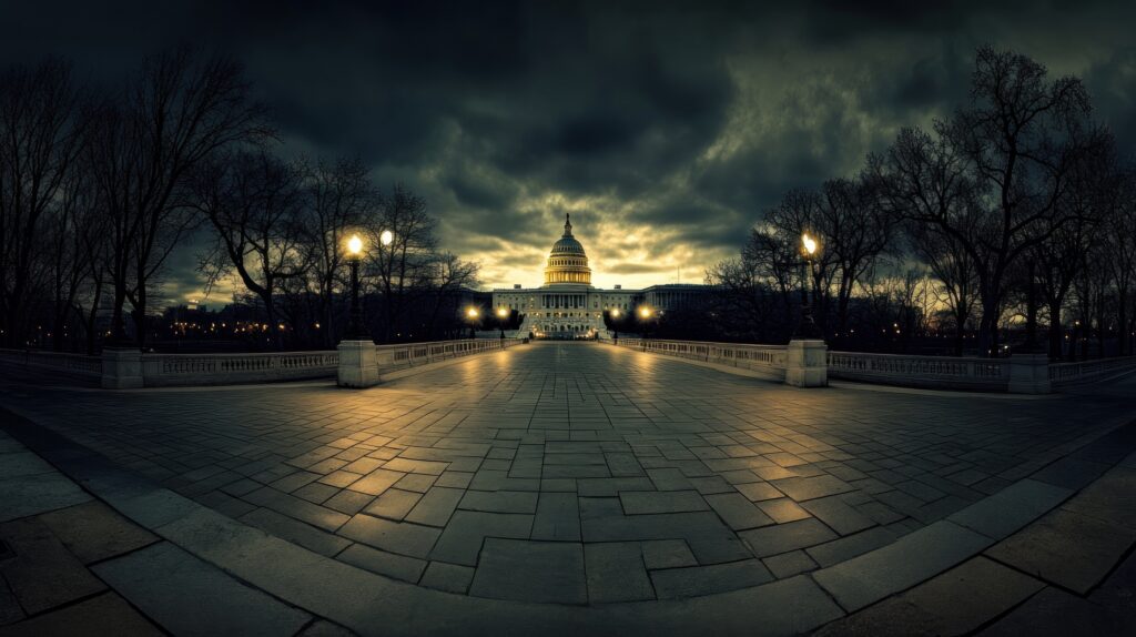The U.S. Capitol building at dusk under dark storm clouds, representing the government shutdown that halted the National Flood Insurance Program and shifted attention to private flood insurance.