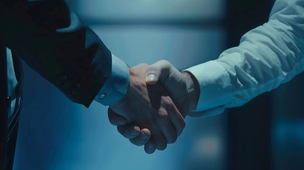 Close-up of two business professionals shaking hands, symbolizing partnership and trust between lenders and flood insurance agents working together to close deals quickly.