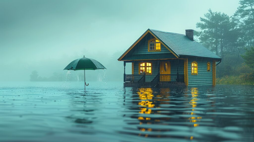 Cozy house surrounded by floodwaters with an umbrella floating nearby, symbolizing flood insurance protection.