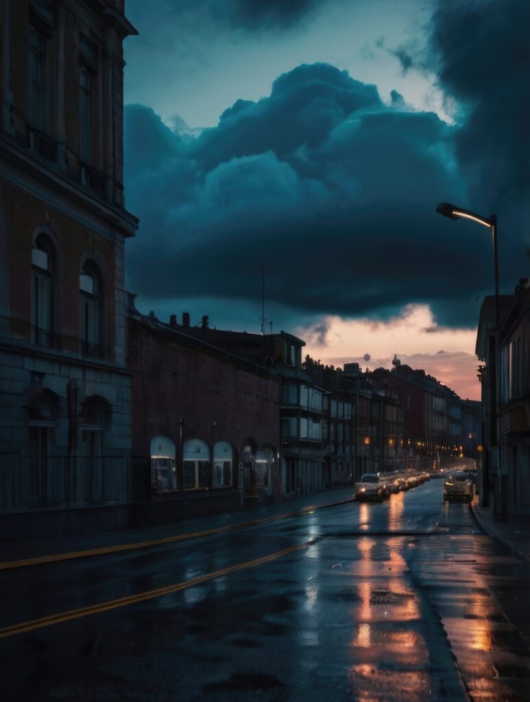 Storm clouds gathering over a quiet city street with wet pavement, symbolizing how flooding can happen anywhere, even in unexpected places.