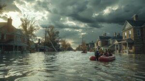 Flooded residential neighborhood with homes partially submerged and emergency responders using boats during a severe storm.